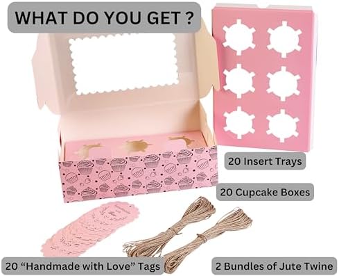 Cupcake Boxes with Insert trays (Pack of 20), Pink Cupcake Carrier, Food Grade Bakery Boxes with Windows and Inserts to Fit 6 Cupcakes Muffins or Pastries