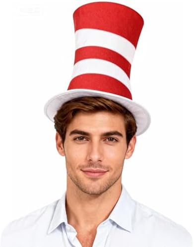 Red and White Striped Top Hat, Adult Standard Size, Cat Hat Costume Halloween Role-Play Party Accessory