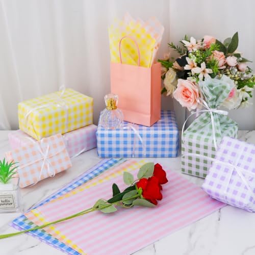 BEISHIDA Pastel Gingham Tissue Paper Bulk, Checkered Wrapping Tissue Paper for Gift Bags, 14 x 20 Inch Gift Wrap for Easter Birthday Baby Shower Bridal DIY Crafts Decor Holiday Flowers,60 Sheets