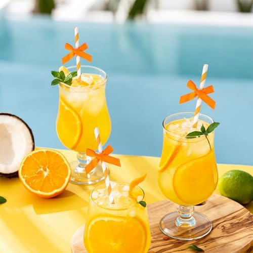 24 Packs Orange Bow Biodegradable Striped Paper Straws, Orange and White Disposable Drinking Straws for Birthday Carnival Summer Pool Party Wedding Baby Shower Halloween Party Decoration Supplies