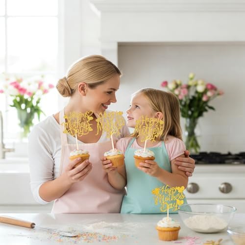 Happy Mothers Day Cake Topper, 24 Pcs Mothers Day Cupcake Toppers, Glitter Gold Happy Mother's Day Cupcake Toppers Food Picks Cake Decoraitons for Birthday Mothers Day Decorations
