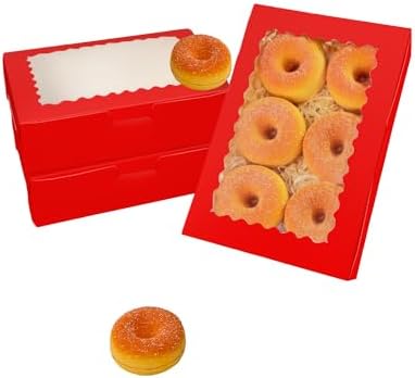 qiqee 50Pcs Red Cookie Box with Window 9x6x2.5 inch Pastry Macaron Bakery Box For Packaging