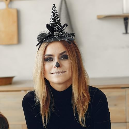 Spooktacular Creations Halloween Witch Hat Headband with Spiderweb Prints, Silver Wizard Headwear, Hair band for Adult Halloween Party Dress up Cosplay Costume Accessories Props