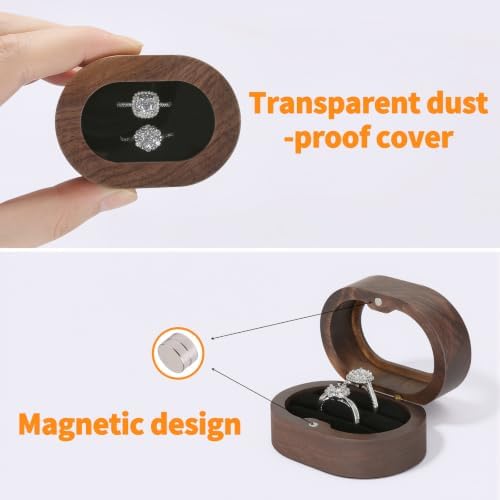 KUKUVR Oval Wooden Ring Box with Clear Window, Ring Holder Box for Wedding Day Engagement Proposal, Jewelry Gift Storage Box for Women (Black - 2 Slots)