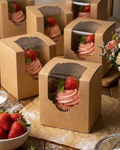 qiqee Brown Auto-pop up Cupcake Boxes Individual Cupcake 3.5x 3.5x 3.5inch 200pcs Single Cupcake Boxes
