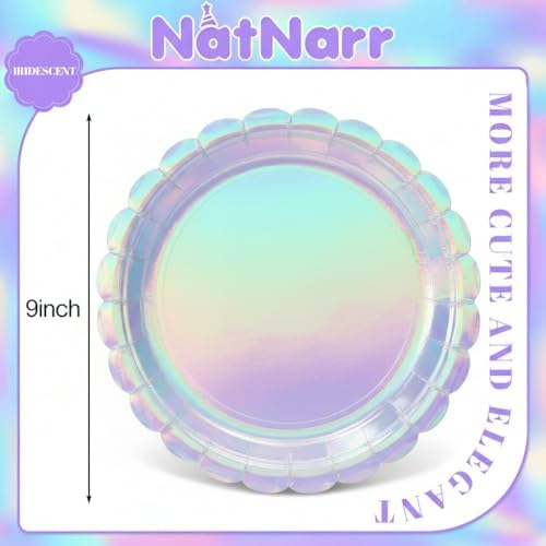 NatNarr 30 Pack Iridescent Plates, 9" Holographic Dessert Cake Plates