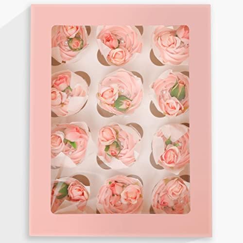 qiqee Auto-pop Up Cupcake Boxes with Window Pink 40PCS 12 Count Cupcake Box 13"x10"x3.5" Cupcakes Carrier, 12 Cupcake Containers with 2 rolls of pink ribbons