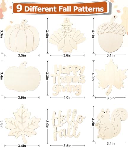 WOHOHOHO 42PCS 9 Styles Fall Unfinished Paintable Blank Wooden with Tray