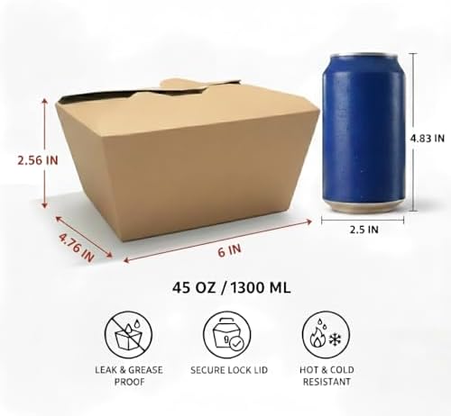 50 Pack 45 oz Take Out Food Containers, Leak & Grease Resistant Microwavable Freezer Safe, Kraft Cardboard Lunch To-Go Boxes, Disposables for Household Restaurant Office Party Picnic