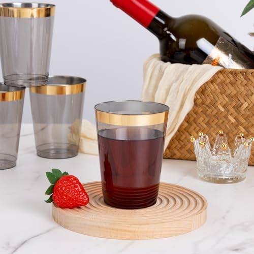 supernal 200 Pack 10 oz Gold Rimmed Black and Gold Plastic Cups for Party