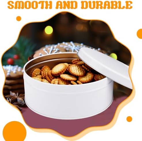 6 Pack Cookie Tin with Lid Round Metal Cookie Tins Containers Round Christmas Treats Tin Storing Snack Chocolate for Gift Giving Holiday Baking White Home Sturdy Storing