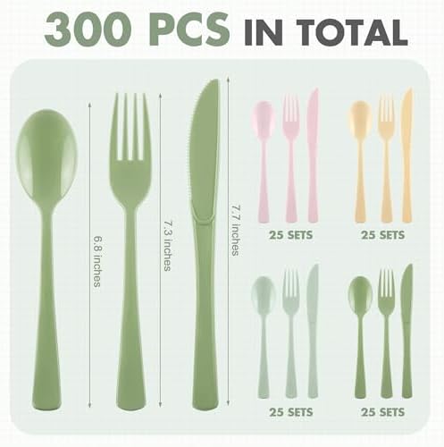 Kochorie 300 Pieces Sage Green and Pink Plastic Silverware, Disposable Plastic Utensils, Heavy Duty Cutlery Set Heavyweight Flatware Includes Spoons Forks Knives for Birthday Wedding Party Supplies