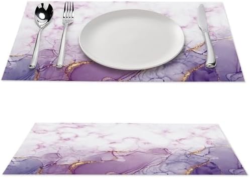 Marble Placemats Set of 6, 12x18 Inch Abstract Purple Modern Marble Pattern Printed Heat Resistant Table Mats for Dining Kitchen Birthday Party Holiday Decor