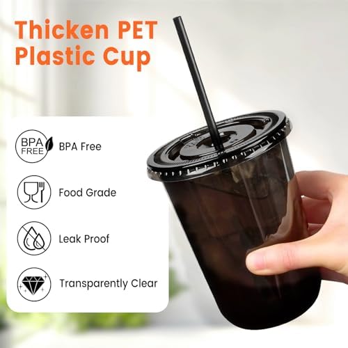 100 Sets - 16oz Black Plastic Cups with Lids and Straws