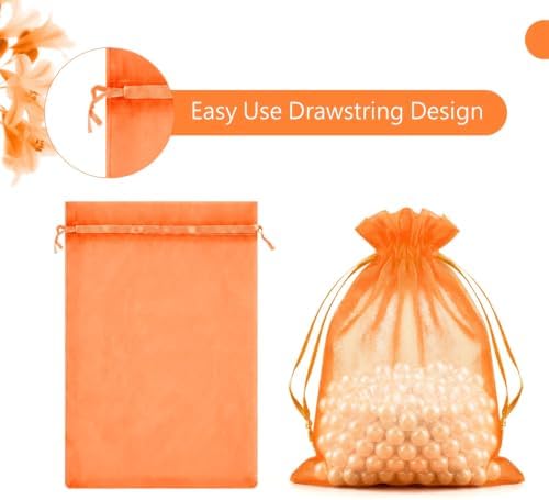 FUNFERY 100PCS Orange Organza Gift Bags 6x9in,Drawstring Pouch for Jewelry