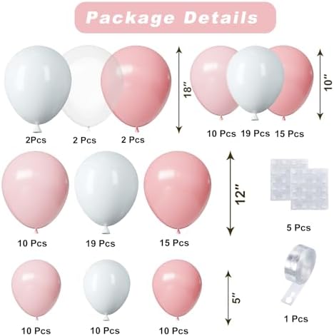 Pink Balloons Arch Kit, 124pcs Pink and White Balloons