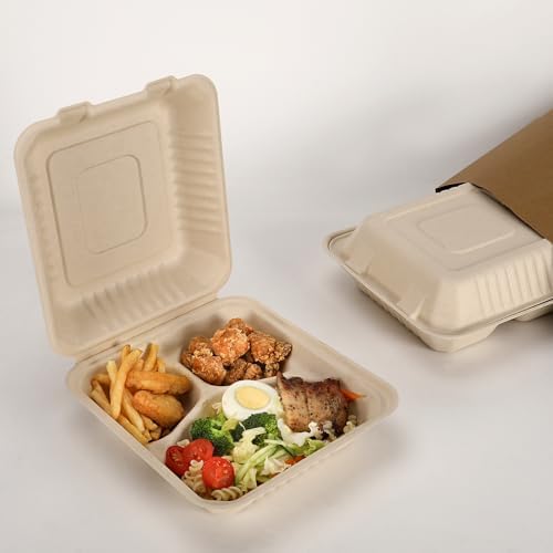 Aricsen Disposable 50 Pack 3 Compartment 8x9 Inch Take Out Food Containers