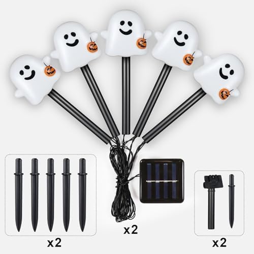 Solar Halloween Ghost Pathway Lights, 10 Pack Ghost Stake Lights with Pumpkin Design, Durable Waterproof Outdoor Halloween Decoration for Garden, Walkway, and Yard (Warm White)