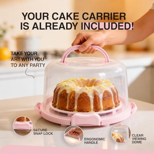 10in Buntz Cake Pan Non Stick & 12in Cake Carrier with Lid-Handle, Pink