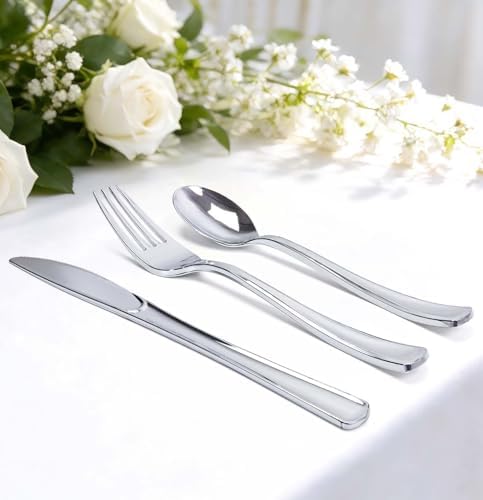 HEIPINIUYE 75 Pack Silver Plastic Cutlery Heavy Duty Silver Plastic Knives Forks and Spoons Disposable Silverware Set for 25 Guest Camping Birthday Baby Shower Wedding Party Utensils Set