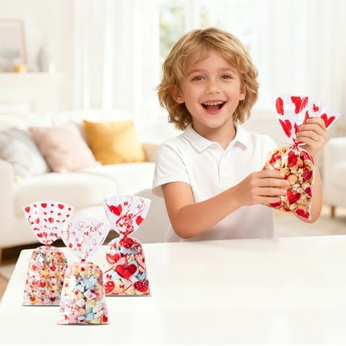 Valentines Cellophane Bags 120pcs Valentines Candy Bags with 140pcs Twists