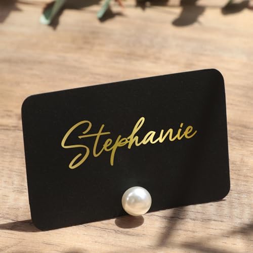 UNIQOOO 24Pcs Decorative Pearl Place Card Holders w/Black White Cards, Elegant Men&Women Name Card Stands Set, for Wedding Event Table place Cards, Retail Shop, Business Card, Party Food Signs