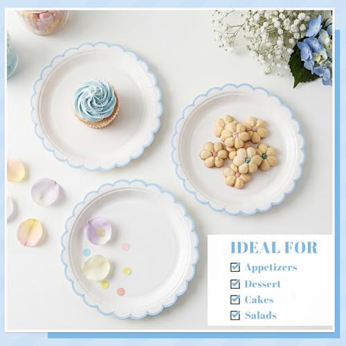 NatNarr 30 PK Light Blue Plates 7" Scalloped Blue White Dessert Cake Plates