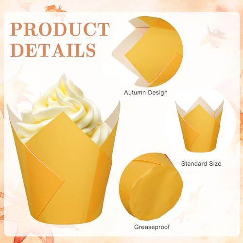 Whaline 200Pcs Fall Tulip Cupcake Liners Autumn Greaseproof Paper Baking Cups Red Orange Yellow Green Muffin Cupcake Wrappers for Thanksgiving Wedding Birthday