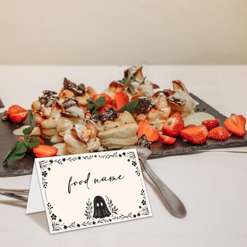Halloween Place Cards for Table Setting, Ghost Tent Cards Decor For Birthday Baby Shower Autumn Party Reception Decorations, Bridal Shower Place Card, 25 Pack Birthday Food Name Card 2 x 3.5" /034