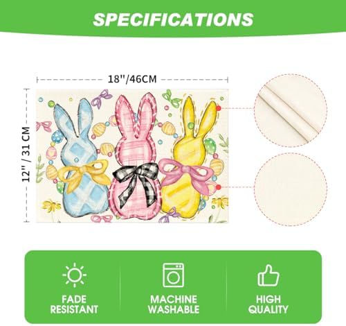 Artoid Mode Bunny Rabbits Eggs Easter Placemats Set of 6, 12x18 Inch Floral Bow Seasonal Spring Holiday Table Mats for Party Kitchen Dining Decoration