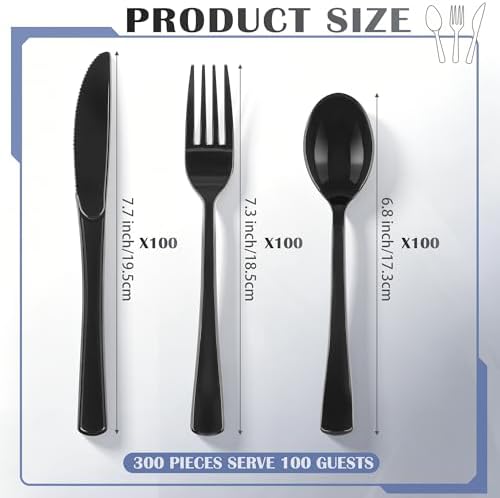 300Pcs Black Plastic Silverware Set, Disposable Forks Spoons Knives