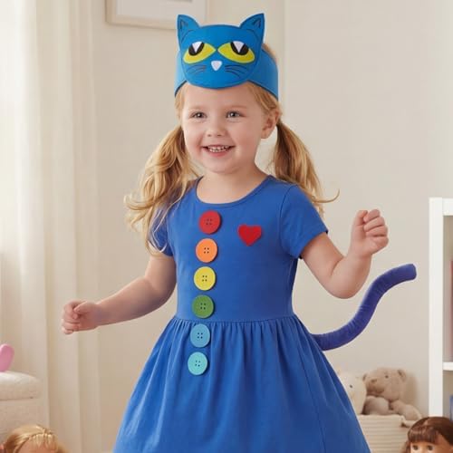 Blue Cat Costume Set with Cat Headband and Tail, Heart Button Stickers Accessories for Read Book Day Dress Up Halloween Party Cosplay
