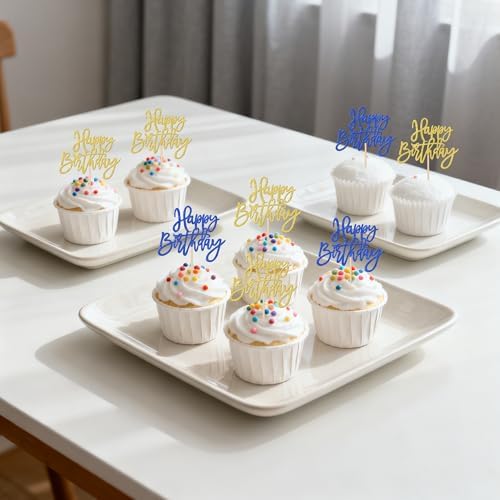 24 PCS Happy Birthday Cupcake Toppers Glitter Happy Birthday Cupcake Picks for Celebrating Anniversary Theme Party Cake Decorations Supplies Blue Gold