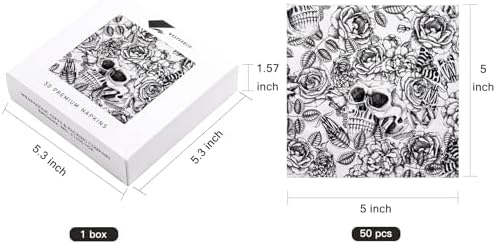 WRAPAHOLIC 50Pcs Halloween Cocktail Napkins - 3-Ply Black Gothic Skull Disposable Paper Napkins for Halloween, Birthday, Party - 5 x 5 In