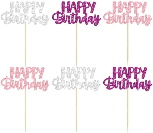 Gyufise 24Pcs Happy Birthday Cupcake Toppers Glitter Birthday Cupcake Food Picks for Celebrating Happy Hallowenn Theme Party Cake Decorations Supplies Purple White Silver