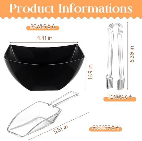 FoldTier 8oz 6 Black Plastic Candy Bowls, 4 Scoops and 4 Tongs Set Square Disposable Plastic Buffet Containers for Chip, Snacks Popcorn Candy Buffet Bar Birthday Party Supplies