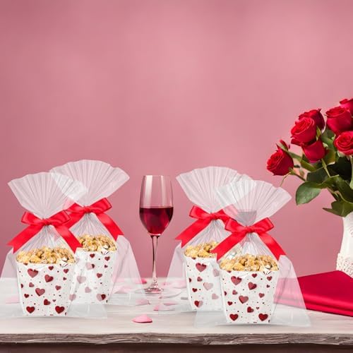 Pajean 24 Sets Valentine's Day Popcorn Boxes with Cellophane Bags & Ribbon