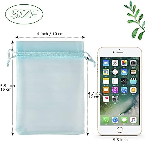 HRX Package 100pcs Organza Favor Bags 4 x 6 inch, Light Blue Mesh Bags Drawstring Sheer Jewelry Pouches for Small Gift Baby Shower Party Candy