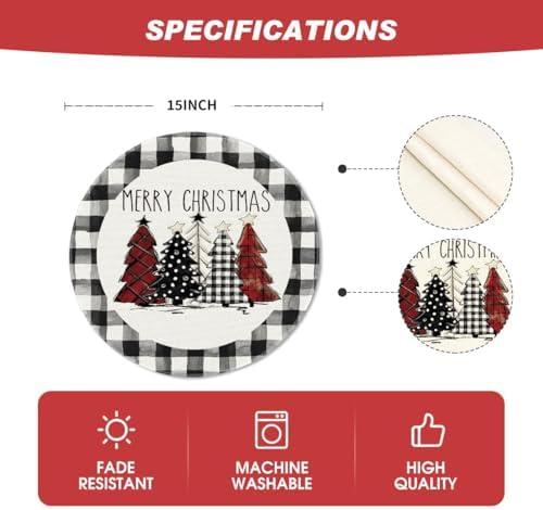 Artoid Mode Waterclor Buffalo Plaid Christmas Trees Merry Xmas Round Placemats Set of 4, 14 Inch Seasonal Winter Round Table Mats for Dining Decoration