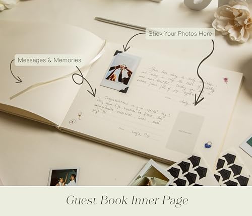 Photo Wedding Guest Book with Vow Book Set (Cream) - Linen Textured Guestbook, Matching Lined Vow Books for Bride and Groom, Neutral Wedding Keepsake for Reception Table