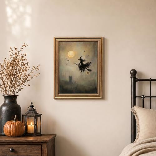 Wemandh Vintage Halloween Wall Art, Gold Framed Flying Witch on Broom Canvas Print, Spooky Full Moon Castle Picture, Dark Academia Goth Room Decor for Home (9.5'' x 12'')