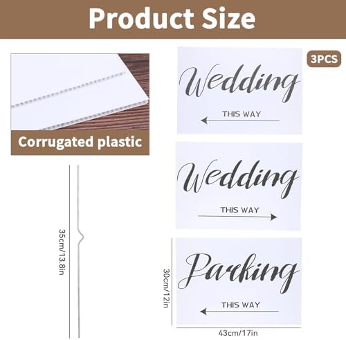 3-Pack Wedding Signs - 1 Parking & 2 Wedding This Way Sign with Stakes