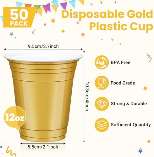 50 Pcs Gold Plastic Cups, 12 oz Disposable Cups for Party