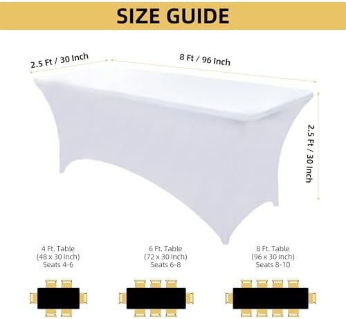 10-Pack 8ft White Spandex Table Covers for Rectangle Folding Tables - Washable Elastic Tablecloth - Ultimate Fitted Table Protector for Parties, Trade Shows, Banquet, and Wedding