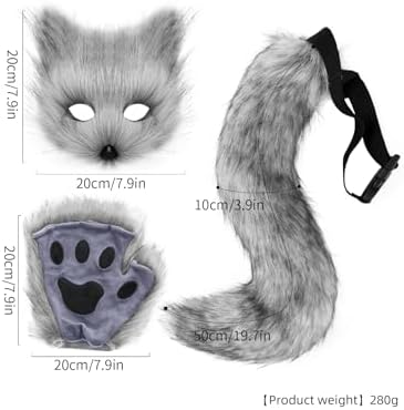 JUNBOON Faux Fur Cat Ears and Wolf Fox Tail Set Adult Kids Claw Glove Kit for Halloween Anime Cosplay Party