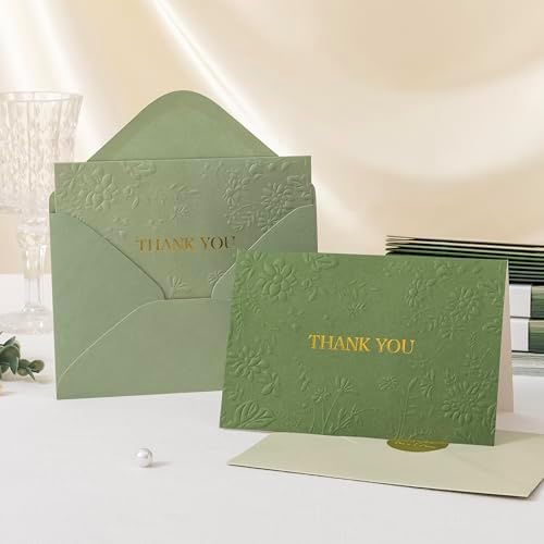 Crisky Bridal Shower Thank You Cards with Envelopes(Sage Green),50 Pack Embossed Floral Thank You Cards for Wedding, Baby Shower, Business, Graduation Party Favors Decorations