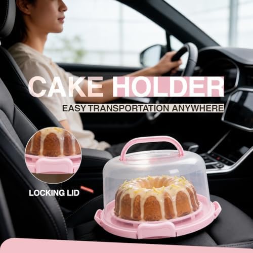 10in Buntz Cake Pan Non Stick & 12in Cake Carrier with Lid-Handle, Pink