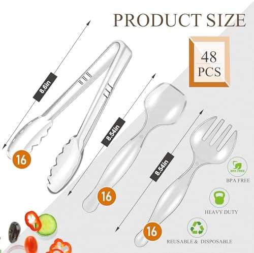 Mwellewm 48Pcs Plastic Serving Utensils Set, Disposable Spoons Tongs Forks