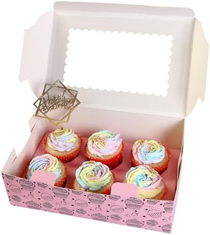 Cupcake Boxes with Insert trays (Pack of 20), Pink Cupcake Carrier, Food Grade Bakery Boxes with Windows and Inserts to Fit 6 Cupcakes Muffins or Pastries