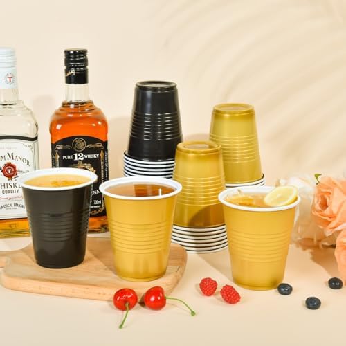 Vumdua Gold and Black Plastic Cups Disposable Cups, 12 oz Plastic Party Cups for Graduation, Christmas, Wedding, Birthday Party Supplies, Pack of 40